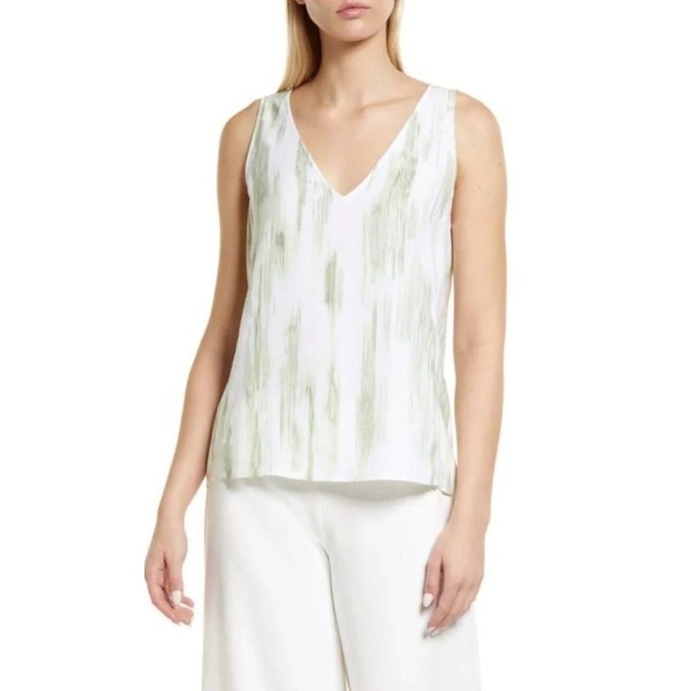 Nordstrom Women's V-Neck/Back Tank Top in White Green Ghost Brush Stripe 2XL
